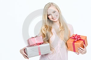 Portrait happy woman with gift box in hands