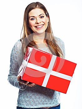 Portrait of happy woman hold gift box. Isolated white backgroun