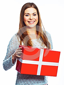 Portrait of happy woman hold gift box. Isolated white backgroun