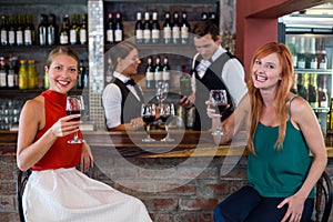 Portrait of happy woman holding a red wine glass at bar counter