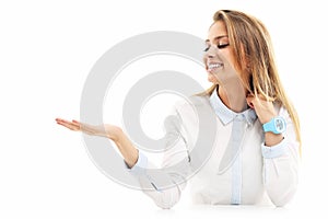 Portrait of happy woman isolated over white background