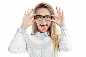 Portrait of happy woman isolated over white background