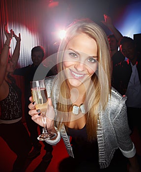 Portrait of happy woman, nightclub and drinks at party, celebration and new years evening in Russia. Young girl, night