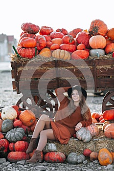 Portrait of happy woman posing near wagon with orange pumpkin on farmers market in brown sweater, dress and hat. Cozy autumn vibes