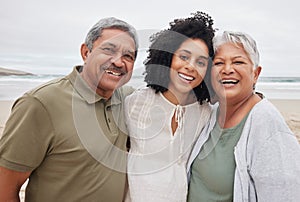 Portrait, happy woman and senior parents at beach on holiday, vacation or travel outdoor. Face, adult daughter and