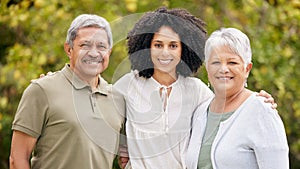 Portrait, happy woman and senior parents at park on holiday, vacation or travel outdoor. Face, daughter and elderly