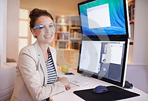 Portrait, happy woman and smart glasses for business by computer at table in home office. Face, professional and