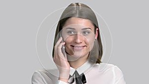 Portrait of happy woman with smartphone.