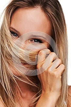 Portrait, happy woman and smile for haircare for white background with mock up in studio. Swedish model, closeup and shy