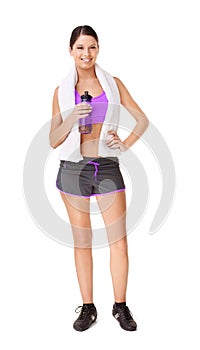 Portrait, happy woman and sweat cloth for fitness in studio with towel for hygiene mock up on white background. Female