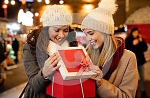 Portrait of happy women exchanging christmas presents. Holiday people christmas happiness concept