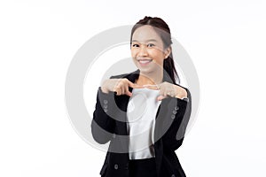 Portrait happy young asian businesswoman in suit surprise excited with satisfied with success and amazed.