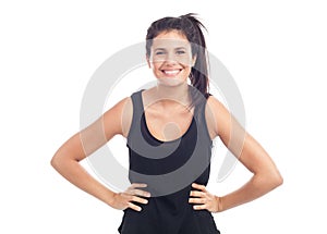 Portrait of a happy young brunette woman laughing