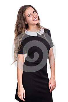 Portrait of happy young business woman isolated on white