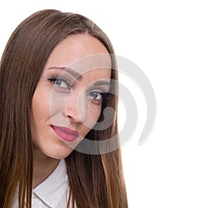 Portrait of happy young business woman isolated on white