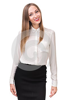 Portrait of happy young business woman isolated on white