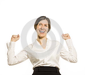 Portrait of happy young business woman isolated on white background