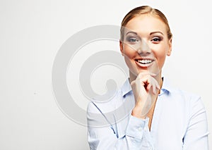 Portrait of happy young business woman over white background