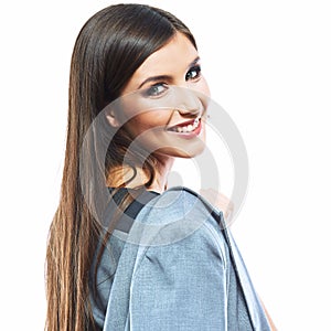Portrait of happy young business woman white background isolate