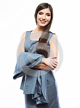 Portrait of happy young business woman white background isolate