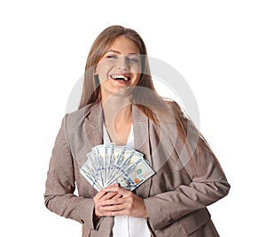 Portrait of happy young businesswoman with money