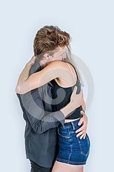 Portrait of happy young couple love together in studio