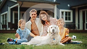 Portrait of a Happy Young Family Couple with a Son and Daughter, and a Noble White Golden Retriever