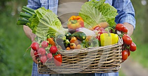 Portrait of a happy young farmer holding fresh vegetables in a basket. On a background of nature The concept of biological, bio pr