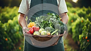 Portrait of a happy young farmer holding fresh vegetables in a basket. On a background of nature The concept of biological, bio