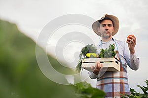 Portrait of a happy young farmer holding fresh vegetables in a basket. On a background of nature The concept of biological, bio