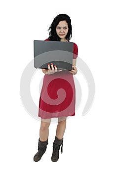 Portrait of a happy young girl with laptop