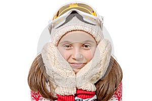 Portrait of a happy young girl snowboarding, isolated on white