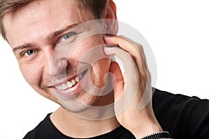 Portrait of happy young man,horizontal on white background