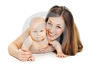 Portrait happy young smiling mother and baby together on white