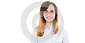 Portrait of a happy young woman with glasses on white background