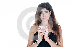 Portrait of happy young woman with mug cup of tea coffee hotdrink
