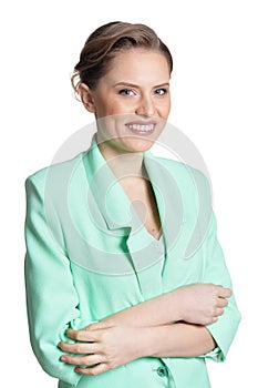 Portrait of happy young woman on white background