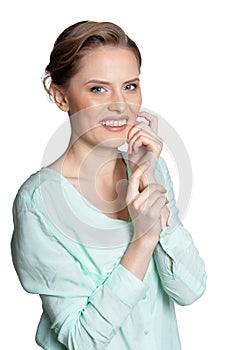 Portrait of happy young woman on white background