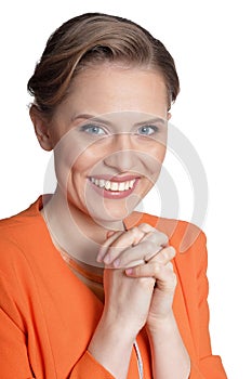 Portrait of happy young woman on white background