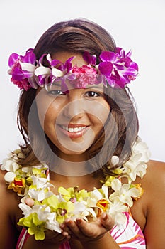 Portrait of a Hawaiian girl with flower lei