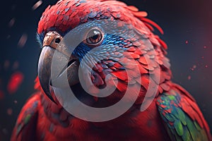 Portrait head of beautiful red tropical parrot with beak looking at camera, outdoors.