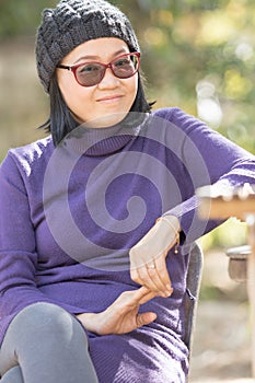 Portrait head shot of 49s years old thai woman with happiness sm