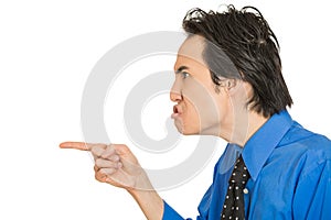 Portrait headshot angry man pointing index finger at someone