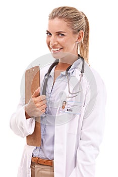 Portrait, healthcare doctor and woman with checklist in studio isolated on white background. Face, wellness and female