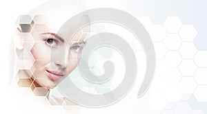 Portrait of healthy and beautiful woman. Female face in honeycomb texture. Young girl in plastic surgery, medicine, spa