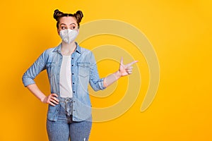 Portrait of her she attractive healthy girl wearing safety respirator n95 mask demonstrating copy space pandemia photo