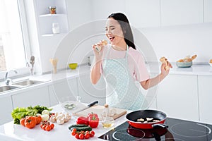 Portrait of her she nice attractive cheerful cheery girl making domestic meal lunch cuisine singing having fun hobby