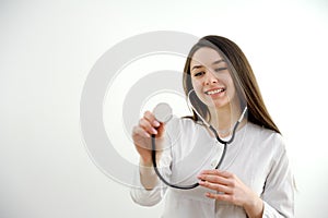 Portrait of her she nice attractive cheerful confident wavy-haired doc examining client patient diagnostic center clinic