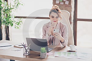 Portrait of her she nice attractive elegant classy cheery smart lady sitting in chair sending sms appointment meeting at