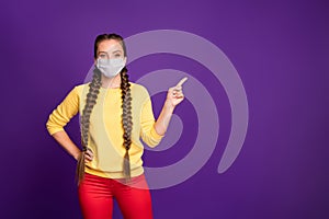 Portrait of her she nice attractive healthy girl wearing safety mask demonstrating stop contagious disease copy space